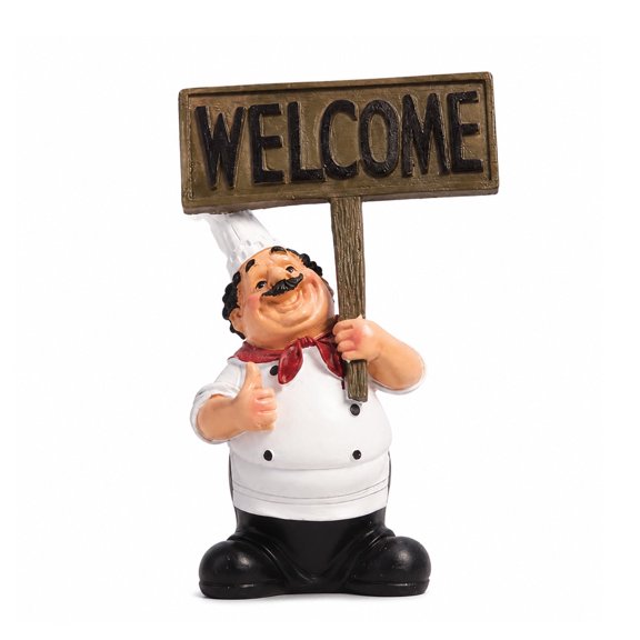 Welcome Chef Figurine for Kitchen Decor, Hand-Painted Resin Chef Statue with Welcome Sign, Decorative Kitchen Countertop Accent for Coffee Bar, Restaurant, Farmhouse Home Decor & Gift