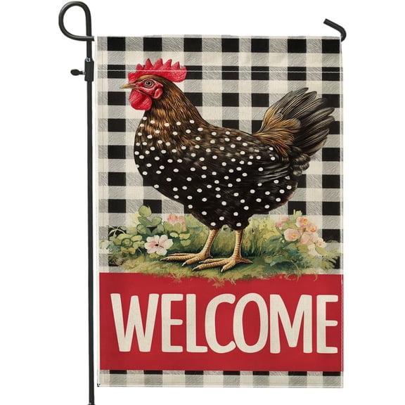 Welcome Chicken Garden Flag Black White Buffalo Check Yard Decor Double Sided Polyester Outdoor Lawn Banner 12x18 Inch