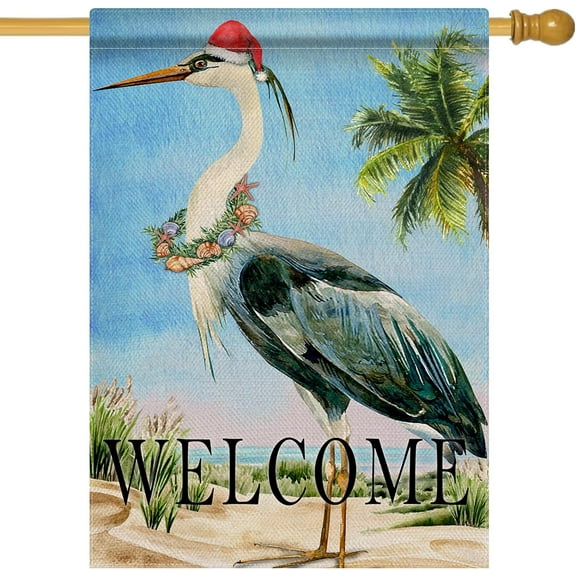 Welcome Christmas Coastal Seabird Large House Flag, Xmas Garden Yard Decorative Beach Ocean Home Outside Decorations, Winter Nautical Sea Burlap Outdoor Decor Double Sided 28 x 40