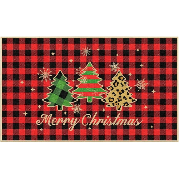 Welcome Christmas Door Mat Non Slip, Buffalo Check Plaid Christmas Tree Floor Front Doormat for Christmas Winter Decor Yard Kitchen Indoor Outside Entry Entrance 17 x 29 Inch
