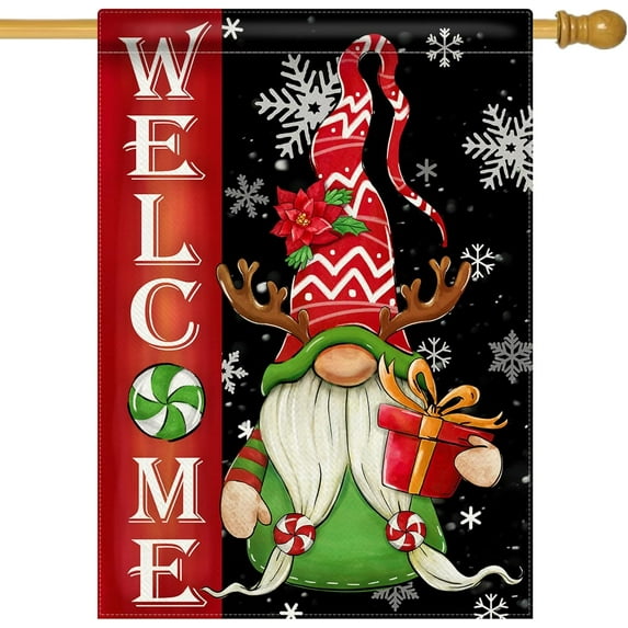 Welcome Christmas Elk Gnome Decorative House Flag, Xmas Gift Snowflakes Poinsettia Candy Garden Yard Outside Decorations, Winter Holiday Seasonal Farmhouse Burlap Outdoor Large Home Decor 28x40