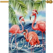 Welcome Christmas Flamingo House Flags 28 x 40 Double Sided Xmas Flamingo with Santa Hat Tropical Tree Winter Beach Yard Outdoor House Flag Banner for Home Christmas Holiday Decorations