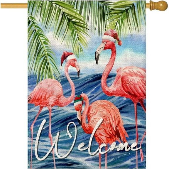 Welcome Christmas Flamingo House Flags 28 x 40 Double Sided Xmas Flamingo with Santa Hat Tropical Tree Winter Beach Yard Outdoor House Flag Banner for Home Christmas Holiday Decorations