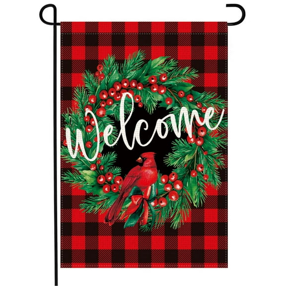 Welcome Christmas Garden Flag 12x18 Inch Double Sided Burlap Red Cardinal Wreath Buffalo Plaid Xmas Winter Holiday Small Yard Flag for Outside Decor