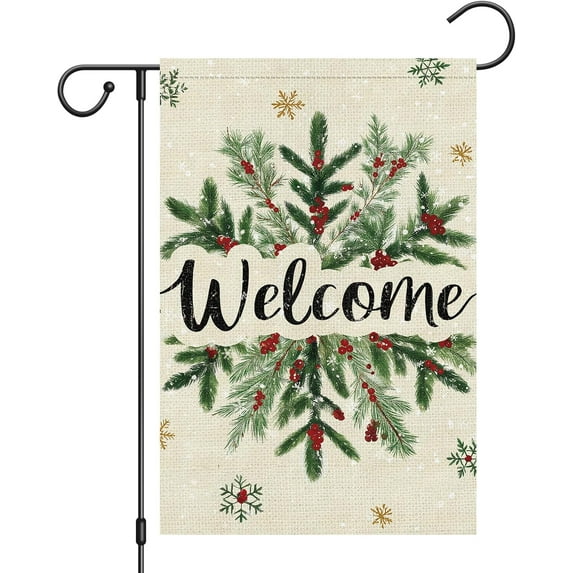 Welcome Christmas Garden Flag 12x18 Inch Double Sided Burlap, Winter Snowflake Yard Flags for Holiday Xmas Seasonal Outdoor Decoration(ONLY FLAG)