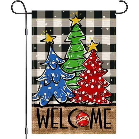 Welcome Christmas Garden Flag Double Sided Merry Xmas Tree Garden Flag for outside Black White Buffalo Small Vertical Yard Winter Flag Xmas decor Outdoor Farmhouse