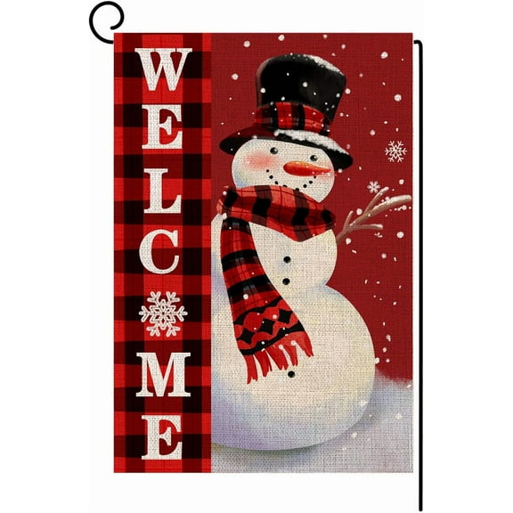 Welcome Christmas Garden Flag Double Sided Snowman with Buffalo Plaid Scarf Garden Flag, Winter Christmas Rustic Yard Outdoor Decoration 12.5 x 18 Inch