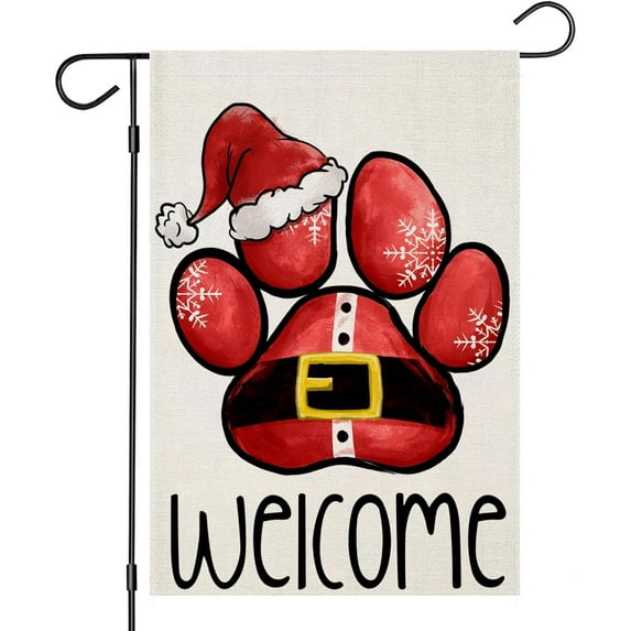 Welcome Christmas Garden Flags 12.5x18 Double Sided, Xmas Red Paw Print Small Seasonal Decoration for Holiday Winter Yard Outside Outdoor