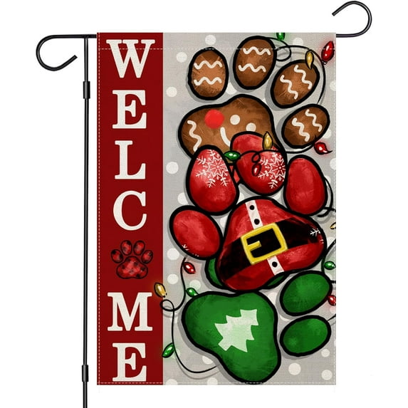 Welcome Christmas Garden Flags for Outdoor, Xmas Dog Paw Yard Decoration, Small Seasonal Decor for Winter Holiday Yard Outdoor,12.5x18 Double Sided