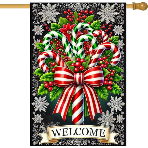Welcome Christmas Holiday House Flag 28 x 40 Inch Double Sided Garden Flag with Candy Canes, Holly and Red Ribbon for Winter Yard Banner, Porch Outdoor Decor