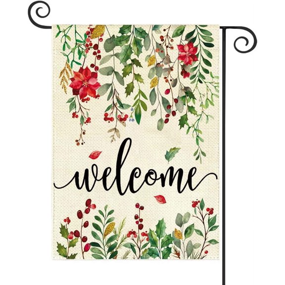 Welcome Christmas Leaves Garden Flag Blurap Vertical Double Sided 12x18inch Xmas Poinsettia Small Garden Flag for Outside Fall Christmas Farmhouse Seasonal Holiday Yard Dcor