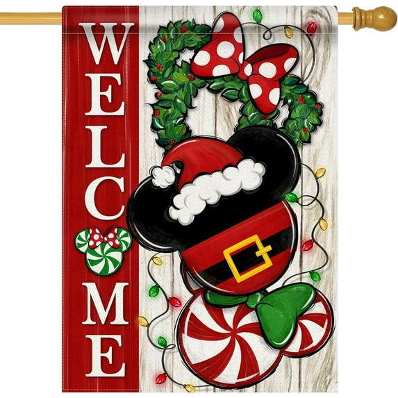 Welcome Christmas Mouse Santa Decorative House Flag, Xmas Peppermint Candy Wreath Ornament Garden Yard Outside Decorations, Winter Holiday Farmhouse Outdoor Large Home Decor Double Sided 28x40