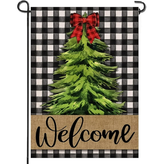 Welcome Christmas Pine Tree Home Decorative Garden Flag, Xmas Yard Lawn Buffalo Plaid Check Outside Decor, Winter Farmhouse Outdoor Small Burlap Decoration Double Sided 12.5 x 18