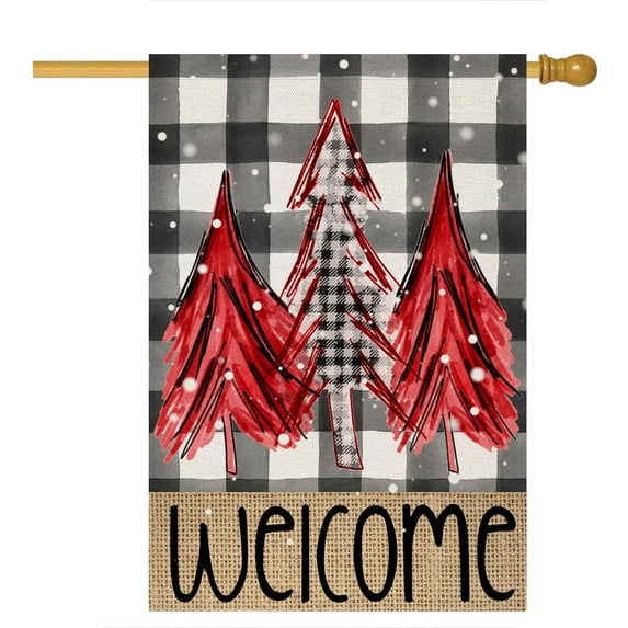Welcome Christmas Red Trees Garden Flag 28 x 40 Inch Vertical Double Sided Buffalo Plaid Red Holiday Yard Outside Xmas Décor