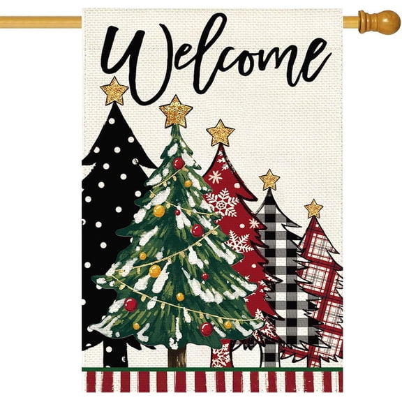 Welcome Christmas Tree House Flag 28 x 40 Inch Double Sided Burlap Buffalo Plaid Christmas Large Yard Flag Winter Flag Holiday Seasonal Yard Outdoor Outside Decoration