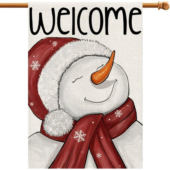 Welcome Christmas Winter House Flag Burlap 28x40 Inch Double Sided Outside, Snowman Large Sign Holiday Yard Outdoor Decor DF377-28