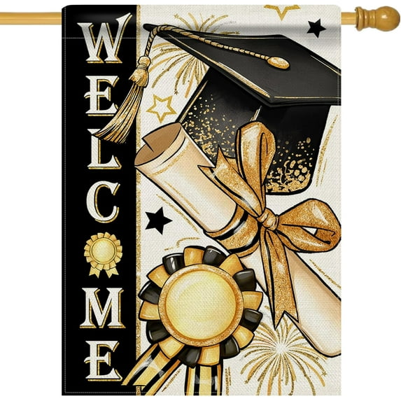 Welcome Class of 2024 Congrats Grad 28 x 40 House Flag Double Sided, Black Gold Graduation Cap Diploma Medal Garden Yard Decoration, High School College Outdoor Décor Decorative Large Flag