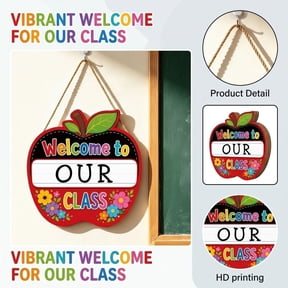 Welcome to Our Class Door Hanger, Wooden Apple Sign for Classroom Decor, Back to School Teacher Gift, Durable Wood Chalkboard Style Wall Hanging with Rope