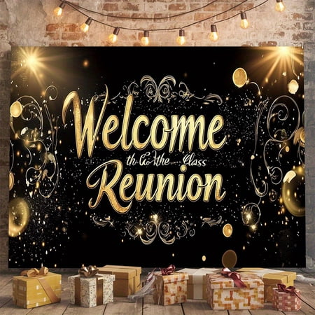 Welcome to The Class Reunion Backdrop Gold and Black Class Reunion Photography Background Golden Glitter Dots Stars School Reunion Party Decor Sparkles Anniversary Party Banner Photo Props