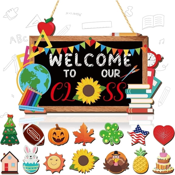 Welcome to Our Class  to School Blackboard Welcome Door Sign Interchangeable Classroom Teacher Sign Wooden Door Hanger Seasonal with 14 count Interchangeable