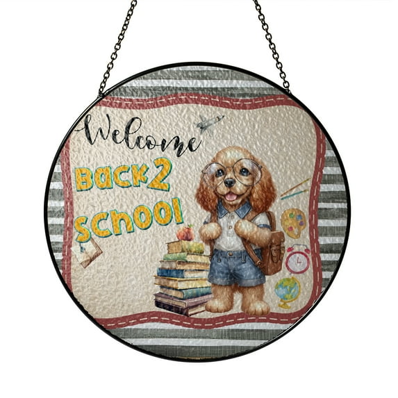 Welcome Cocker Spaniel Back to School Vintage Retro Stained Glass Suncatcher Cockers Dog Lover Gifts Window Hanging Sign Decor - 02012