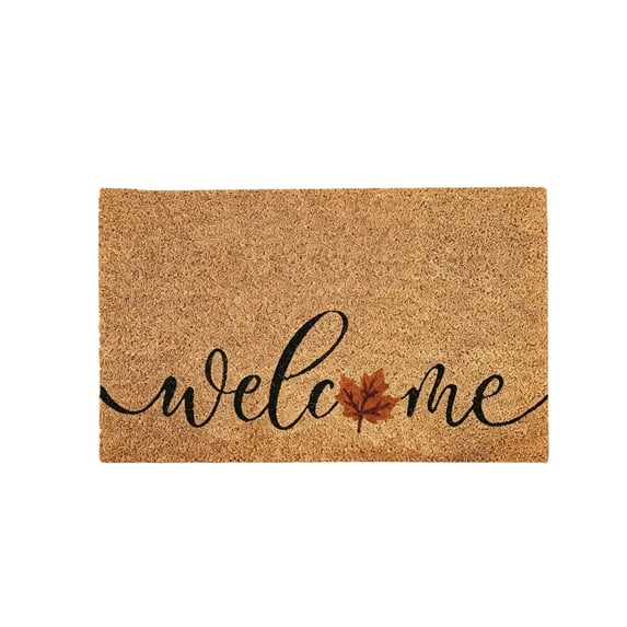 Welcome Coir Door Mat Outside and Indoor Entrance, Outdoor Mat for Front Door, Welcome Home Decorations, Colorful Outdoor Coir Doormat Porch Patio - Red Maple Leaf Design, Small 16x24 Inch