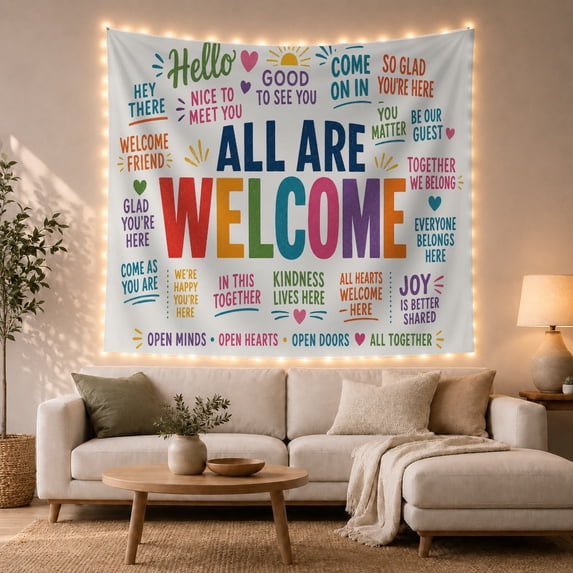 Welcome Collage with Hello Text, Joyful Retro Style for Aesthetic Decor Lovers, Inclusive Wall Decor, Housewarming Gift, Tapestry Wall Hanging for Entryway and Living Room