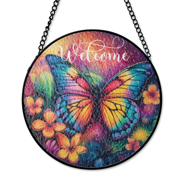 Welcome Colorful Butterfly Suncatcher, Stained Glass Style UV Printed Glass, Vibrant Insect Garden Decor, Round