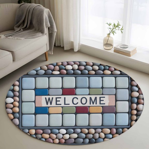 Welcome Colorful Square 3FT Round Area Rug Coastal Beige Blue Pebbles Borde Soft Small Round Rugs Non-Slip, Ultra-Thin Washable Rug Low Pile Circle Carpet for Bedroom Kitchen Nursery
