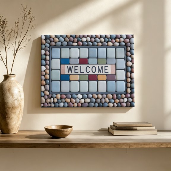 Welcome Colorful Square Canvas Wall Art, Coastal Beige Blue Pebbles Borde Wall Art Prints Artwork Framed Canvas Ready to Hang Art Pictures for Living Dining Room Bedroom Hallway 24" x 20"