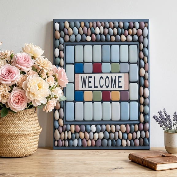 Welcome Colorful Square Canvas Wall Art for Living Room, Coastal Beige Blue Pebbles Borde Poster Print Painting for Bedroom Office Home Decoration Wall Pictures Prepare To Hang 12"x18"