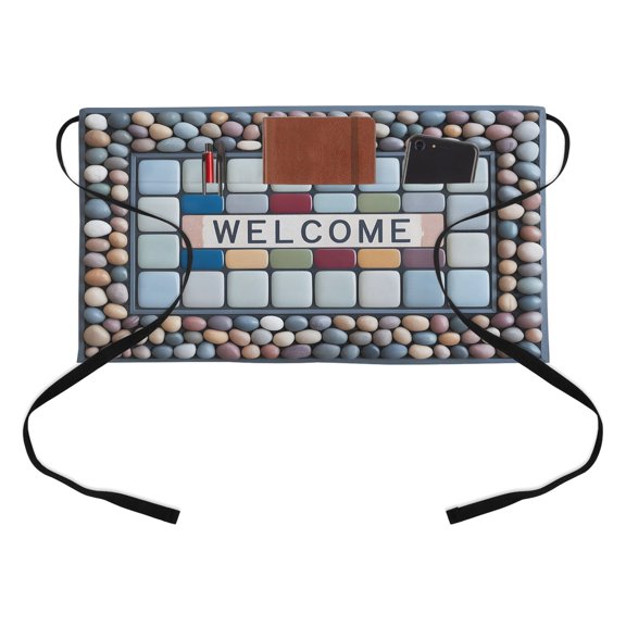 Welcome Colorful Square Kitchen Restaurant Half Waist Apron, Coastal Beige Blue Pebbles Borde Server Short Apron with 3 Pockets Waterproof Oil Waist Aprons for Women Waitress Waiter