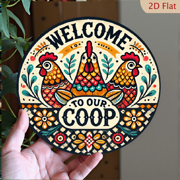 Welcome to Our Coop Round Metal Wall Sign, 8x8 Inch Farmhouse Rooster Art Decor, Colorful Folk Art Poultry Chicken Illustration for Home Kitchen or Farmhouse Wall