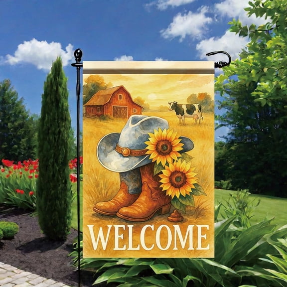 Welcome Cowboy Garden Flag 12x18 Inch Double Sided Outdoor Yard Banner Western Farm Cow Boots Hat Sunflower Country Rustic Decoration for Porch Patio Lawn