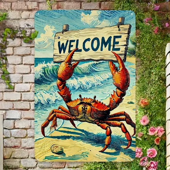 Welcome Crab Metal Sign Spring Summer Metal Sign beach Patio Lawn Holiday Yard Outdoor Decorations 12x8 Inch