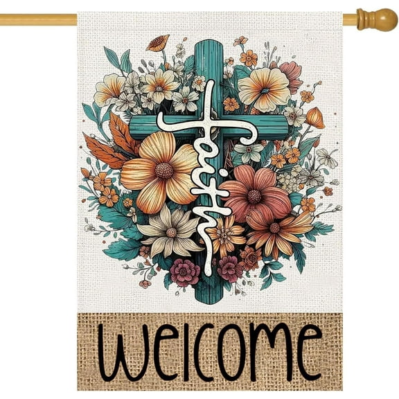 Welcome Cross Flower House Flag 28x40 Double Sided, Easter Spring Summer Large Garden Flags for Outside Religious Decor, He Is Risen Holiday Yard Flag Outdoor Seasonal Decorations for Home