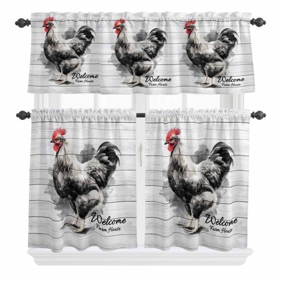 Welcome Curtain Valances Set Farmhouse Country Rooster Rustic White Wood Grain Kitchen Curtains 24 inch Length Rod Pocket Valance and Tiers 3 Piece Set Small Bedroom Bathroom Laundry Decor
