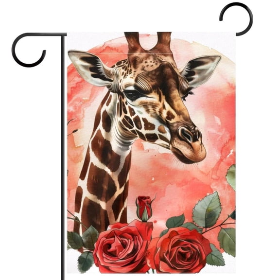 Welcome Cute Cartoon Giraffe Red Rose Garden Flag, Vertical Double Sided Small House Flag, Yard Farmhouse Outdoor Deck Veranda Lawn Decor 28x40 Inch