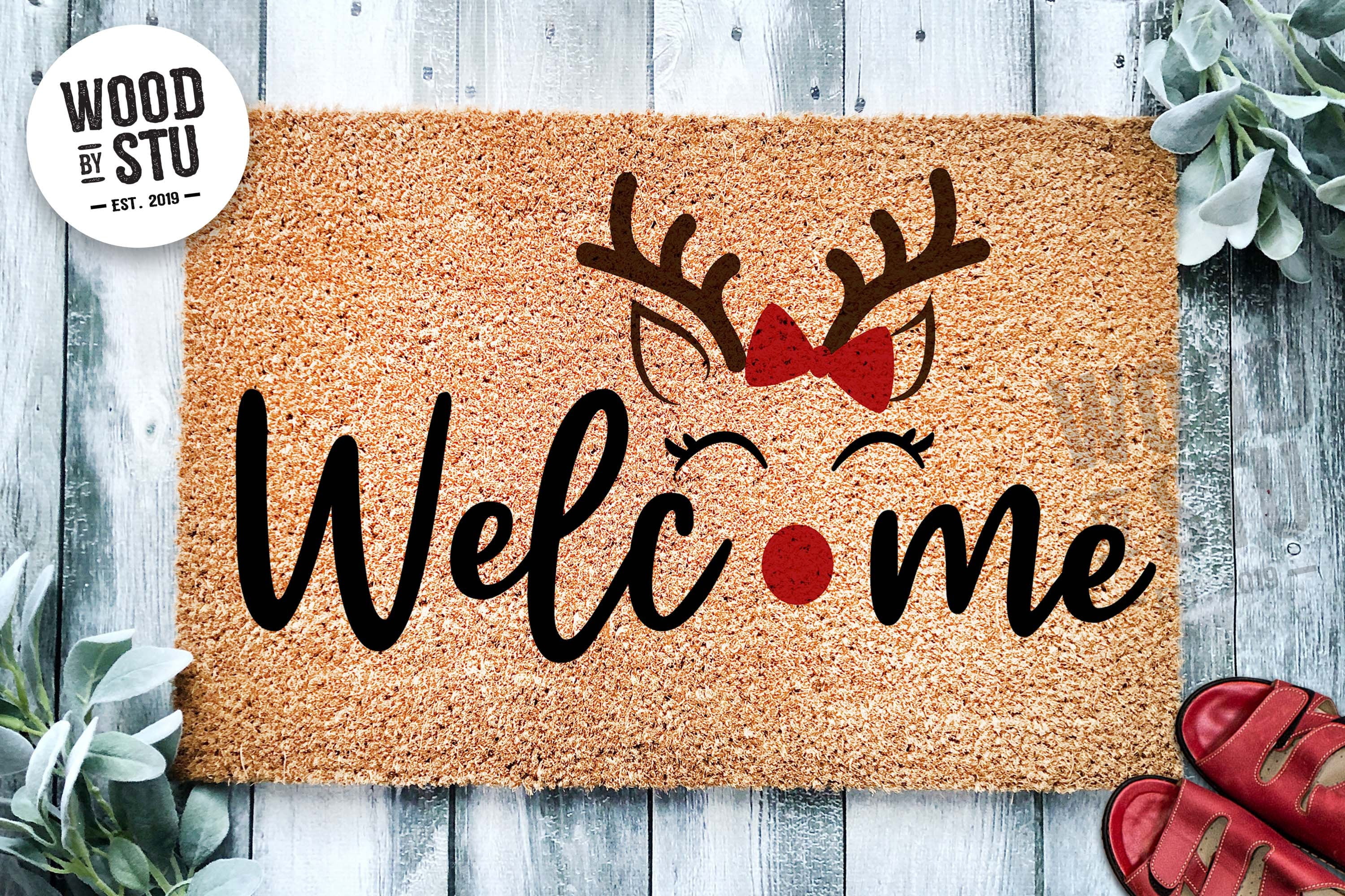 Cute Girl Reindeer With Bow Christmas Doormat Christmas