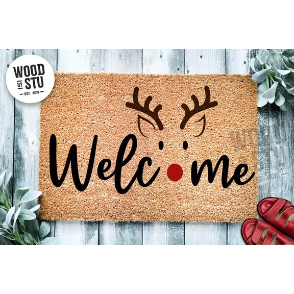 Welcome Cute Red Reindeer Nose | Christmas Doormat | Christmas Decoration | Welcome Mat | Holiday Doormat | Winter | Christmas Gift