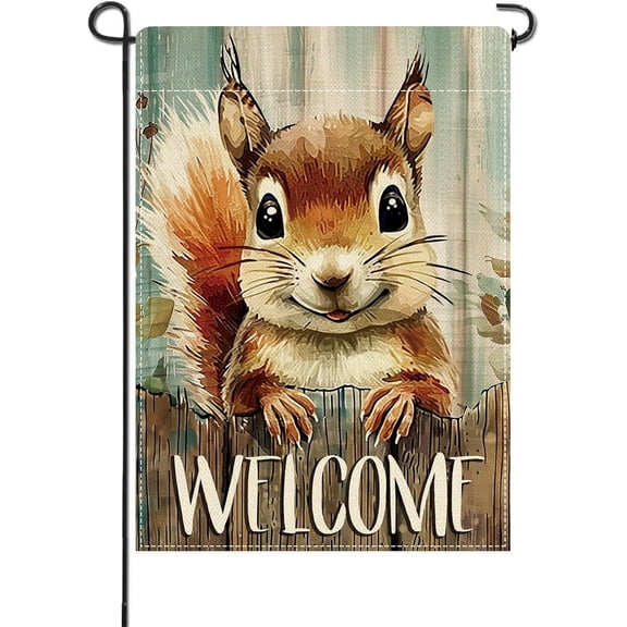 Welcome Cute Squirrel Flag 12 x 18 Inch Double Sided Burlap Rustic Farmhouse Yard Lawn Outdoor Decor