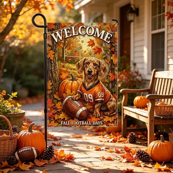 Welcome Dachshund Fall Football Days Print Polyester Garden Flag, 12x18 inch, Dachshund Dog Maple Leaf Pumpkin Football Patio Decor