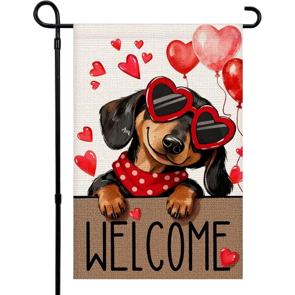 Welcome Dachshund Valentines Day Flag 12x18 Inch Double Sided Burlap Love Hearts Balloons Patio Lawn Outdoor Decor