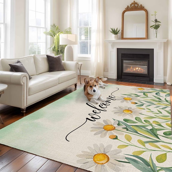 Welcome Daisy Large Area Rugs 5x8 ft Flower Pastoral Green Watercolor Linen Texture Washable Rug Non Slip Indoor Carpet Absorbent Floor Mat for Living Room Bedroom Dining Room