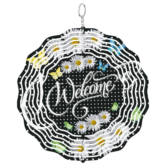 Welcome Daisy Polka Dot 3D Wind Spinner Hanging, UV Printed Tinplate, Black & White Spring Decor, Floral Art Gift, Round