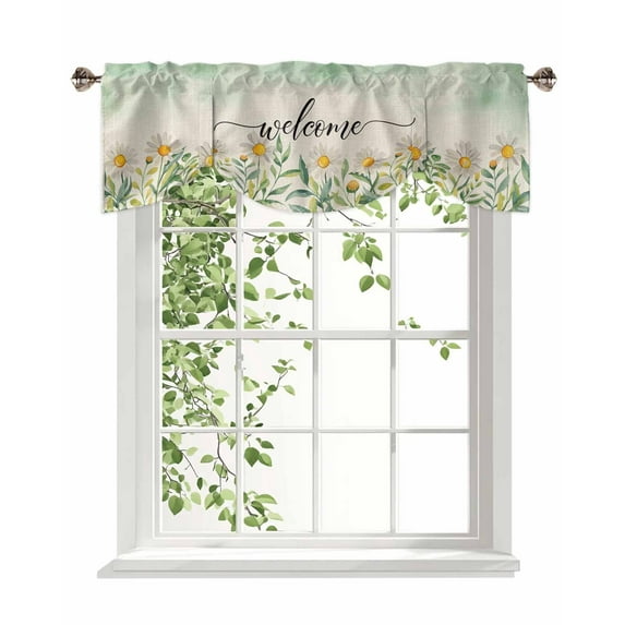 Welcome Daisy Tie Up Valances Curtain, Adjustable Kitchen Flower Pastoral Green Watercolor Linen Texture Valances for Windows Decor, Rod Pocket Short Curtains Set for Bedroom/Bathroom, 60"x18"