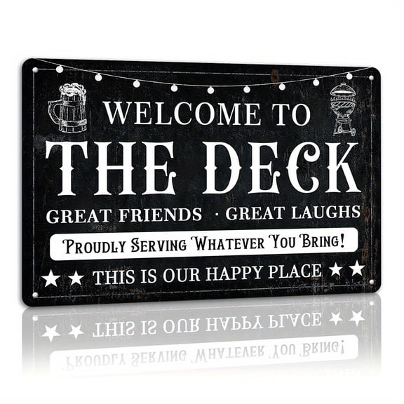 "Welcome To The Deck Proudly Serving" Vintage Metal Sign, Outdoor Aluminum Wall Decor, 12x8 Inch Funny BBQ Quote Plaque for Patio, Backyard, Bar, Porch
