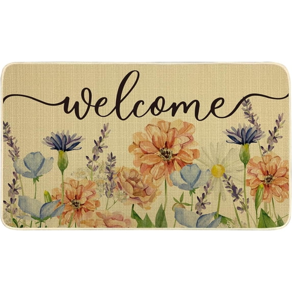 Welcome Decorative Door mat 30x17 Inch, Spring Summer Colorful Floral Low-Profile Switch Rug Doormat Floor Mat for Indoor Outdoor SYHQ01