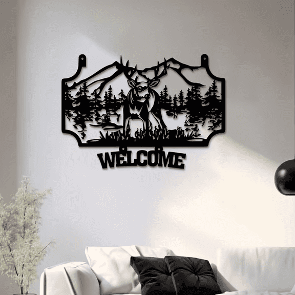 Welcome Deer Metal Wall Art with Pine Tree Silhouette