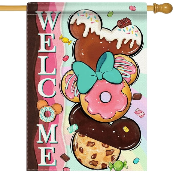 Welcome Dessert Decorative House Flag Sweet Donuts Chocolate Cookie Garden Yard Outside Decorations Cute Candy Burlap Outdoor Large Home Decor Double Sided 28 x 40